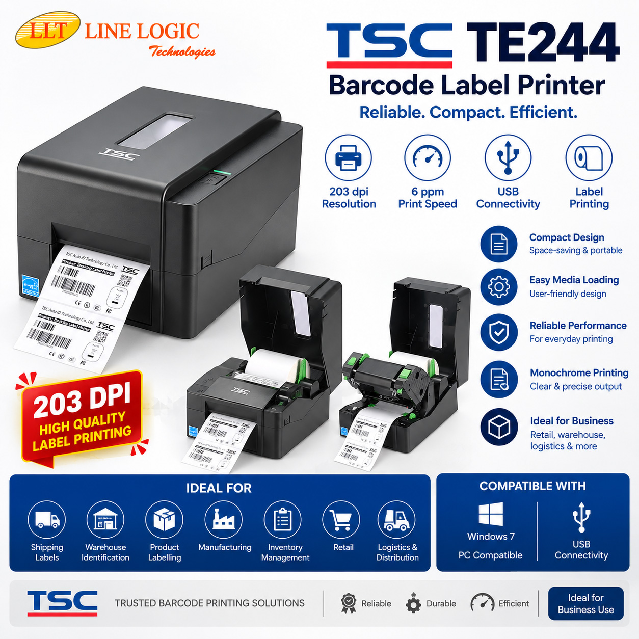 TSC TE244 Desktop Thermal Transfer Barcode Printer with USB Connectivity 203 DPI Bar Code Label Printer, Black
